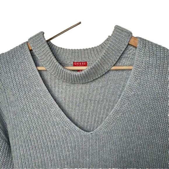 Guess Gray Ribbed Knit Sweater XL Choker Neck Cutout V-Neck Zip Sleeve Detail - Picture 3 of 7